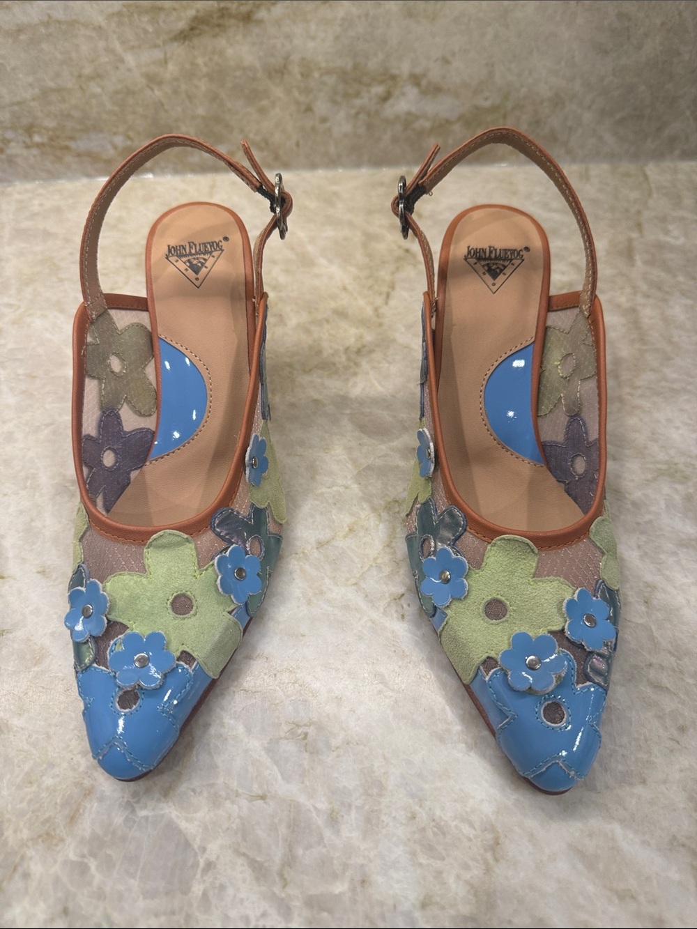 John Fluevog Blue & Green Floral Slingback Pumps